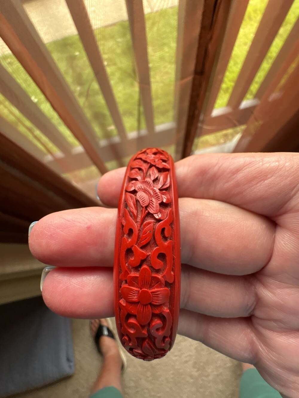 Vintage Chinese Carved Red Cinnabar Floral Lacquer Bangle Bracelet